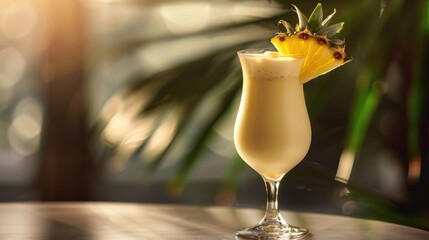 Fresh sweet pina colada cocktail. Coconut, rum and pineapple alcohol drink. Palm tree shadow background. Tropical beverage at summer bar. Tasty exotic liquor with white milk cream. Delicious smoothie. - obrazy, fototapety, plakaty