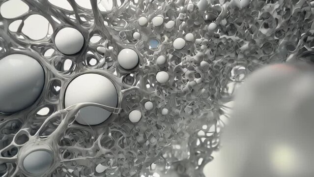 A spherical 3D-printed microstructure with a complex white pattern, representing material science and advanced manufacturing technology.
