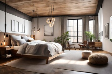 a loft bedroom with clean lines, statement lighting, and rich textures, capturing the mid-century modern aesthetic in a serene and chic space.
