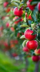 A lush apple orchard with ripe red apples hanging from the branches, generative AI