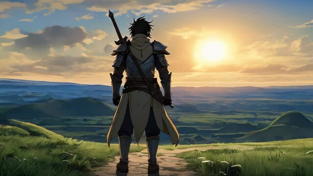 A warrior clad in armor holding a sword in a meadow with the setting sun behind him, gazing into the distance, hinting at the onset of new challenges or a journey.
