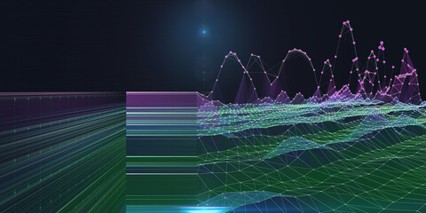 Abstract background color wireframe from circles with lines and spot . Interlacement  technology data concept in virtual space. Big Data. Banner for business, science and technology data analytics.