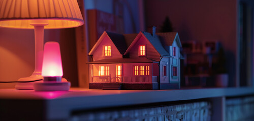 A close-up view of a miniature house on a shelf, softly illuminated by a pink nightlight in a darkened room, creating a serene and enchanting atmosphere