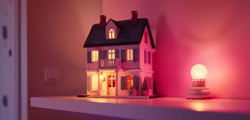 Foto op Canvas A close-up view of a dollhouse on a shelf, softly illuminated by a pink nightlight against a backdrop of a pink wall, creating a magical and inviting ambiance © rai stone