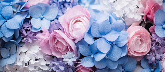 A beautiful close up shot capturing a vibrant bunch of blue, pink, and purple flowers, creating a...