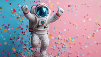 A joyful astronaut toy is raising hands in victory amongst a colorful shower of confetti, against a two-tone background