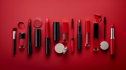 Red Lipstick and Makeup against a red backdrop, generative AI