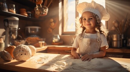 A happy little girl in an apron and a chef's hat, helps to cook a pie, kneading the dough, the child smiles.