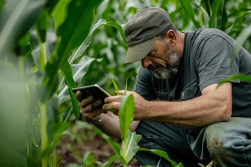Gordijnen Farmer Examining Corn Plant with Digital Tablet in Field © Ilia Nesolenyi
