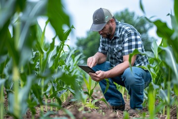Naklejka na ściany i meble Smart Farming: Kneeling Farmer Checks Corn Health with Tablet