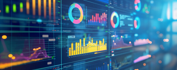 A high-tech digital dashboard showcasing financial data analysis with graphs and charts in a control room