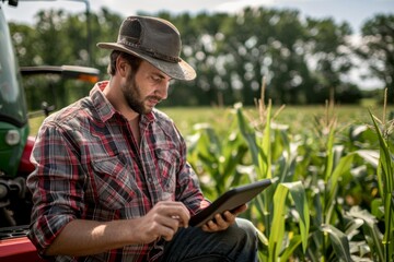 Naklejka na ściany i meble Agricultural Tech: Farmer Reviews Data on Digital Tablet in Cornfield