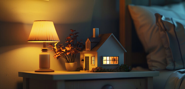 A tiny 3D house sculpture displayed on a shelf in a bedroom, with a warm bedside lamp casting a soft glow and adding a touch of whimsy to the scene