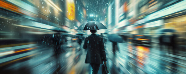 A solitary man with an umbrella stands amidst the blurred motion of a bustling city during a rain shower
