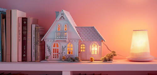 An enchanting dollhouse nestled among books on a shelf in a softly lit room, with a close-up view showcasing its delicate features against a pink backdrop