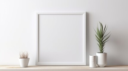 A mock-up of an empty wooden picture frame on a light wall background. A vase with flowers and leaves. The concept of advertising, a place for text. - obrazy, fototapety, plakaty