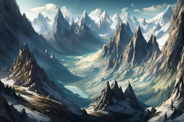 Fotobehang A panorama of towering peaks, where the rugged terrain meets the infinite sky. © Muhammad
