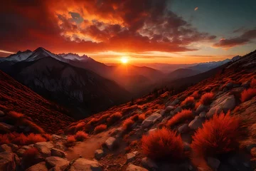 Papier Peint photo Tatras A mountainous horizon ablaze with the colors of sunset, a panoramic spectacle.