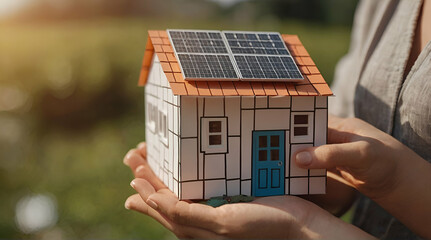 Close up of young mother holding paper model of house. generative.ai