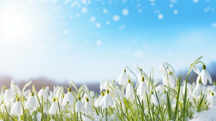 White fresh snowdrops flower meadow garden field with snow, blue sky, sunshine . Easter spring background.