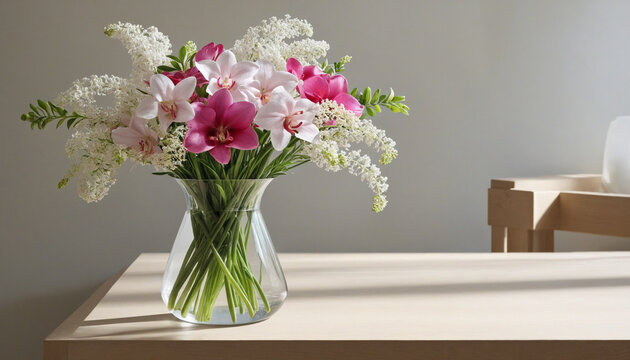 A fresh flower bouquet decorates the table indoors colourful background