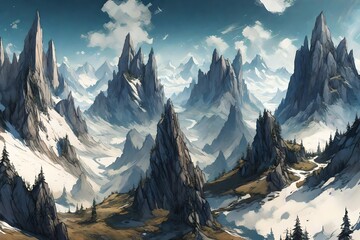 A panorama of towering peaks, where the rugged terrain meets the infinite sky. - obrazy, fototapety, plakaty