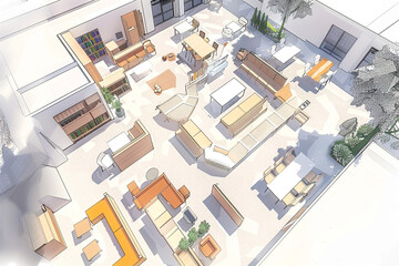A schematic design for the modernization of a retirement home's common area, focusing on creating a multi-functional space with areas for reading, games, and social gatherings,  - obrazy, fototapety, plakaty