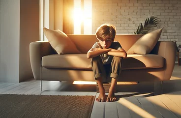 Fotobehang Junge Teenager sitzt allein einsam traurig in sich gekehrt barfuß auf vor Couch im Wohnzimmer einsam voller Gefühle Emotionen und isoliert sich unglücklich Trauer Angst Mobbing © www.barfuss-junge.de