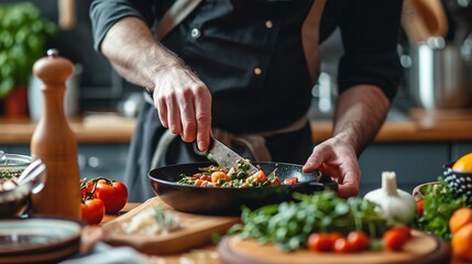Chef preparing food and vegetables in kitchen