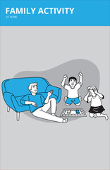 vector illustration of family day, where each family has its own activities, for example gathering in the same family room, holidays, sports with the family.