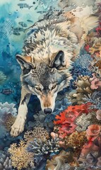 Watercolor painting of a wolf, abstract underwater background. Wolves behave like carnivores and
 mammals. Quite fierce, agile and intelligent. Use for phone wallpapers, posters or cards.