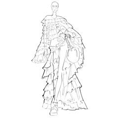 Fashion Illustration on a white background. Woman in an evening dress. Sketch for coloring.	