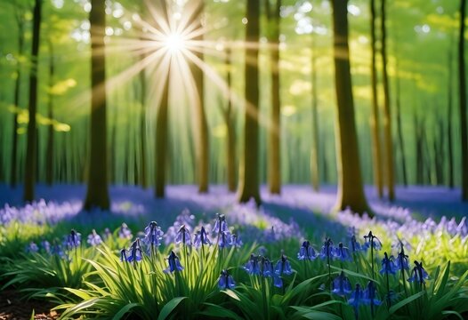 An image featuring a cluster of vivid bluebells gently nestled under a canopy of verdant trees, with rays of sunlight sifting through the leaves, casting a magical glow.