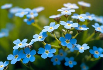 A close-up capture of delicate forget-me-nots in full bloom, their intricate petals displaying a gradient of blues, with streaks of sunlight illuminating their details.