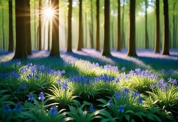 An image featuring a cluster of vivid bluebells gently nestled under a canopy of verdant trees,...