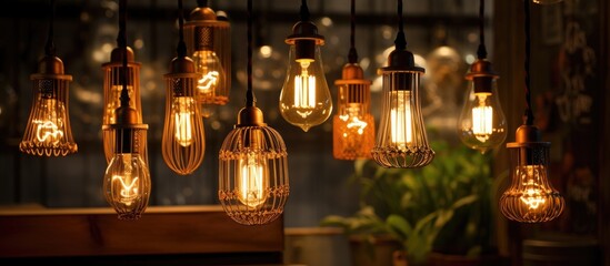Different types of light bulbs illuminate the room, casting a warm glow. Each bulb hangs elegantly from the ceiling, creating a unique and inviting atmosphere - Powered by Adobe