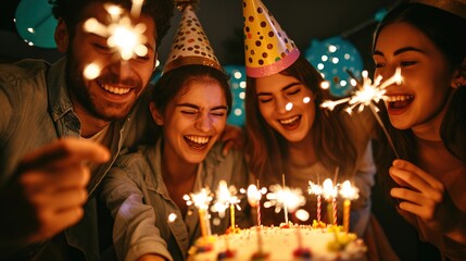 Obraz na płótnie Canvas Youths attending a birthday celebration sending their friend a happy birthday 
