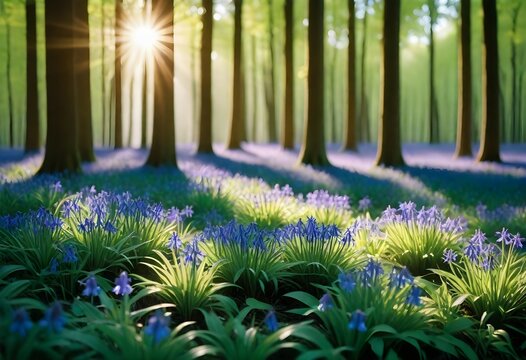 An image featuring a cluster of vivid bluebells gently nestled under a canopy of verdant trees, with rays of sunlight sifting through the leaves, casting a magical glow.