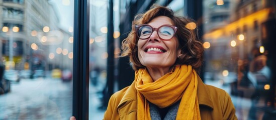 An elderly lady in eyewear, a yellow stole, and a vibrant scarf is joyfully standing on a city street, her face beaming with a smile. She looks happy while enjoying the urban travel experience - obrazy, fototapety, plakaty