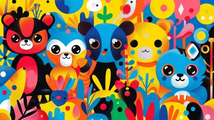 Colorful Cartoon Animals on Vibrant Background in a Whimsical Composition

