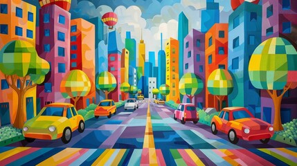 Whimsical Cityscape with Colorful Buildings and Cars on Striped Roads

