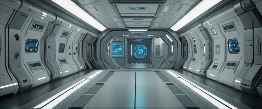 Space station or spaceship scifi style corridor or room. . Ultra modern sci-fi design colourful background