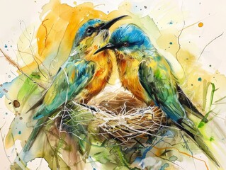Watercolor painting of a pair of motmot birds. It will be mostly green. The cry sounded nasal. The sound was high-pitched and far away. Use for wallpapers, posters or cards.