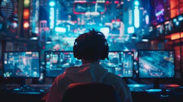 Rear view of a person with headphones gaming in a vibrant neon-lit room filled with multiple computer screens.
