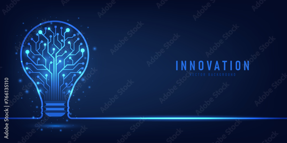 Aufkleber Innovation. Idea and solution technology concept. A light bulb from dot circuit board on the dark blue. Abstract cyber and digital computer innovation concept. Business innovation and creative idea.
