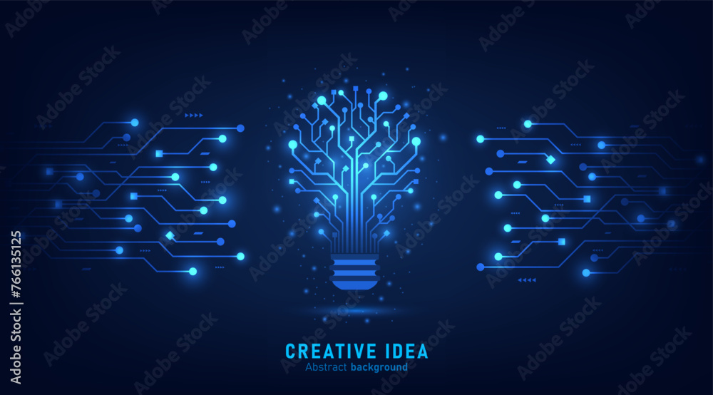 Poster Innovation. Idea and solution technology concept. A light bulb from dot circuit board on the dark blue. Abstract cyber and digital computer innovation concept. Business innovation and creative idea.
