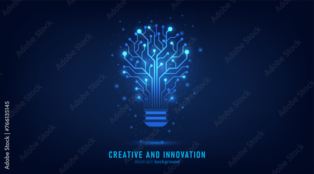 Aufkleber Innovation. Idea and solution technology concept. A light bulb from dot circuit board on the dark blue. Abstract cyber and digital computer innovation concept. Business innovation and creative idea.