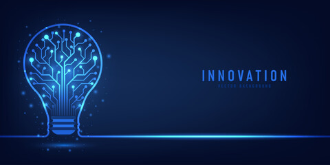 Innovation. Idea and solution technology concept. A light bulb from dot circuit board on the dark blue. Abstract cyber and digital computer innovation concept. Business innovation and creative idea.