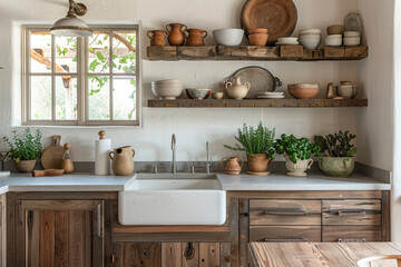 A modern farmhouse kitchen featuring rustic wood elements, a classic apron sink, and open shelving filled with pottery and plants.