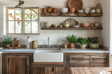 Obraz na płótnie Canvas A modern farmhouse kitchen featuring rustic wood elements, a classic apron sink, and open shelving filled with pottery and plants.